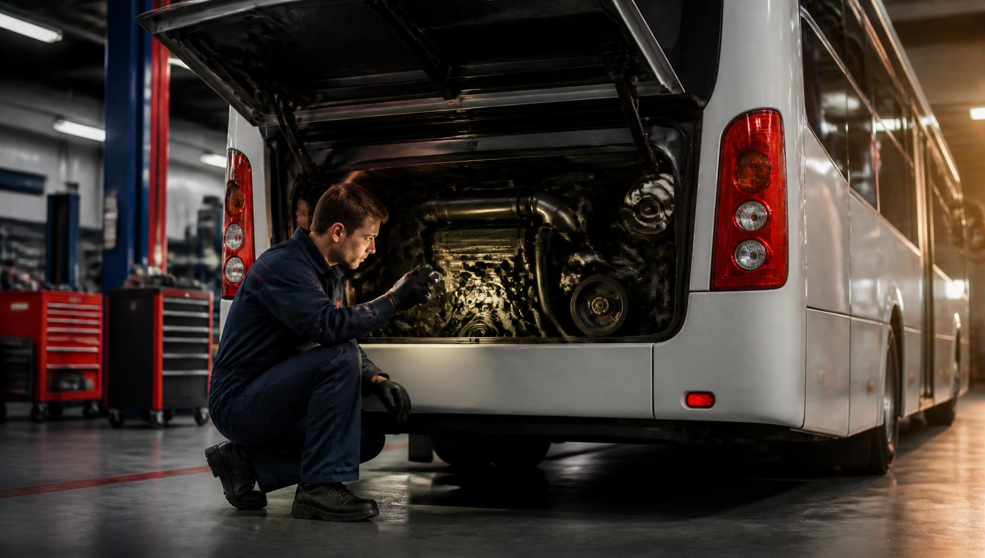 Mecánico especializado reparando el motor de un autobús urbano en taller